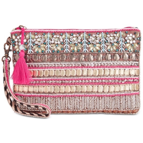 Big Buddha Handbags - Big Buddha Pink Boho Beaded Clutch Wristlet Bag